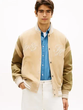 Haftowana kurtka z zamszu w stylu varsity