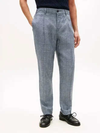 Spodnie lniane New York Label w kratę Glen