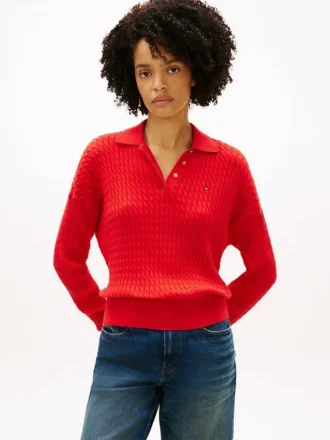 Sweter polo o luźnym kroju z dzianiny warkoczowej