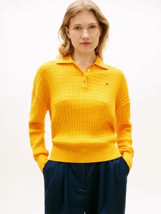 Sweter polo o luźnym kroju z dzianiny warkoczowej