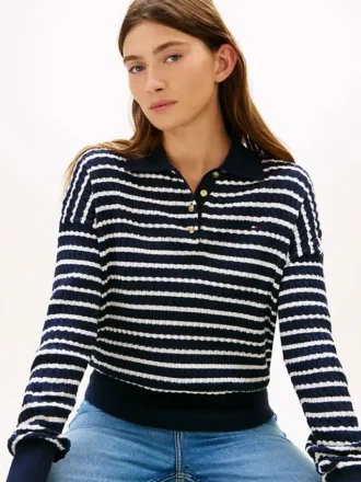 Sweter polo o luźnym kroju z dzianiny warkoczowej
