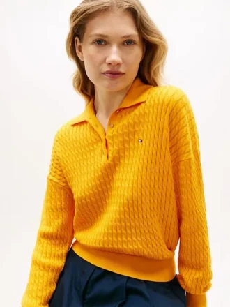 Sweter polo o luźnym kroju z dzianiny warkoczowej