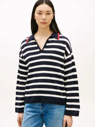 Sweter polo w paski bretońskie z dzianiny pointelle