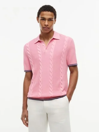 Sweter polo z krótkim rękawem i splotem warkoczowym