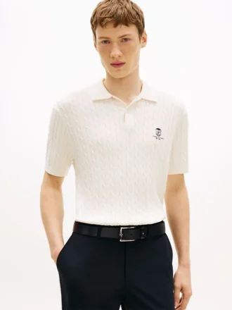 Sweter polo z krótkim rękawem i splotem warkoczowym