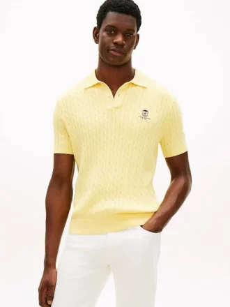 Sweter polo z krótkim rękawem i splotem warkoczowym