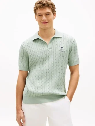 Sweter polo z krótkim rękawem i splotem warkoczowym