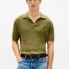 Sweter polo z krótkim rękawem i splotem warkoczowym
