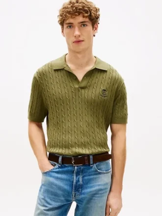 Sweter polo z krótkim rękawem i splotem warkoczowym