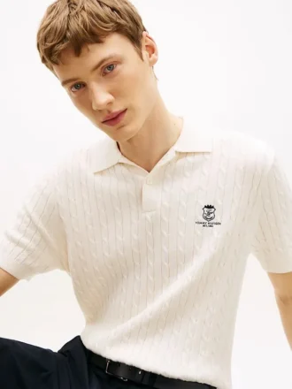 Sweter polo z krótkim rękawem i splotem warkoczowym