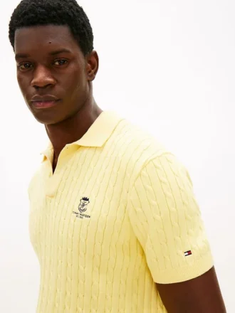 Sweter polo z krótkim rękawem i splotem warkoczowym
