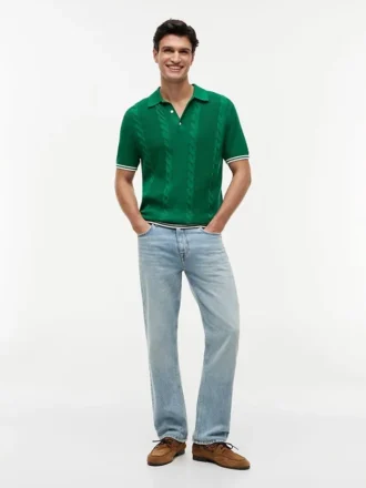 Sweter polo z krótkim rękawem i splotem warkoczowym