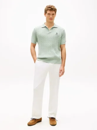 Sweter polo z krótkim rękawem i splotem warkoczowym