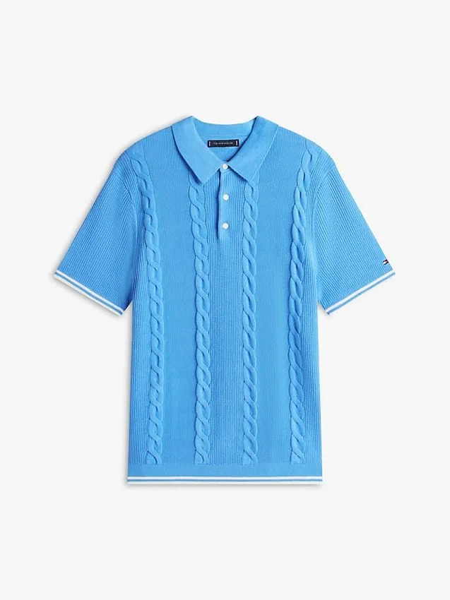 Sweter polo z krótkim rękawem i splotem warkoczowym Sweter polo z krótkim rękawem i splotem warkoczowym