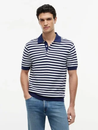 Sweter polo z krótkim rękawem w paski o fakturze waflowej