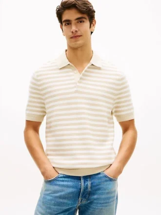Sweter polo z krótkim rękawem w paski o fakturze waflowej