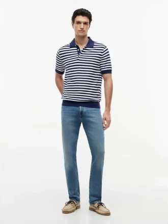 Sweter polo z krótkim rękawem w paski o fakturze waflowej