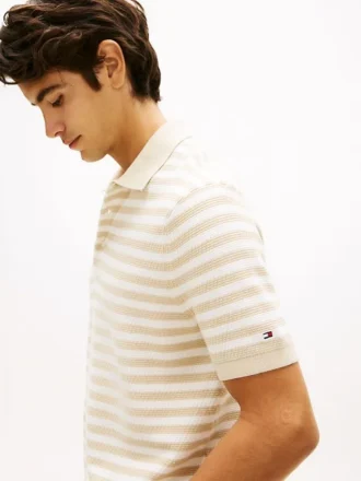 Sweter polo z krótkim rękawem w paski o fakturze waflowej
