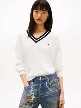 Sweter Tommy Jeans o luźnym kroju z dekoltem w serek