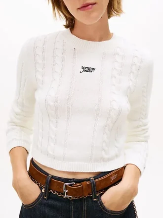 Sweter Tommy Jeans z napisem i splotem warkoczowym Sweter Tommy Jeans z napisem i splotem warkoczowym