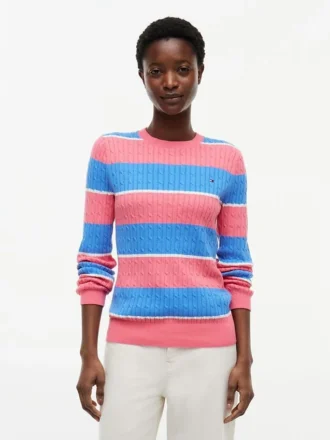 Sweter z dzianiny warkoczowej w paski rugby