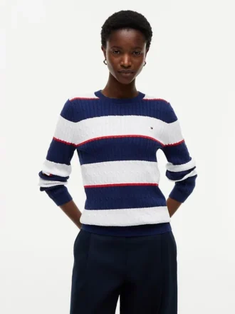 Sweter z dzianiny warkoczowej w paski rugby