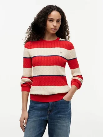 Sweter z dzianiny warkoczowej w paski rugby