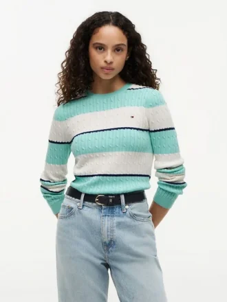 Sweter z dzianiny warkoczowej w paski rugby