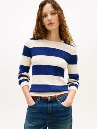 Sweter z dzianiny warkoczowej w paski rugby