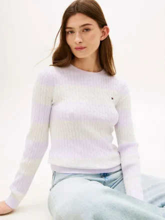 Sweter z dzianiny warkoczowej w paski rugby