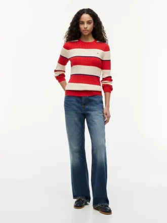 Sweter z dzianiny warkoczowej w paski rugby