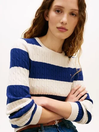 Sweter z dzianiny warkoczowej w paski rugby