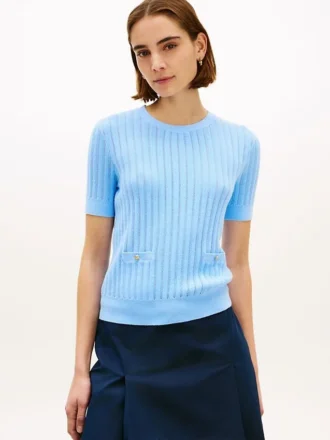 Sweter z krótkim rękawem i kieszenią w stylu pointelle