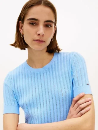 Sweter z krótkim rękawem i kieszenią w stylu pointelle