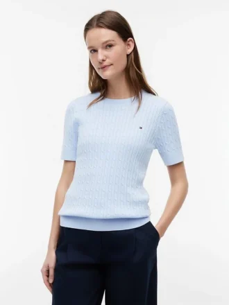 Sweter z krótkim rękawem o splocie warkoczowym
