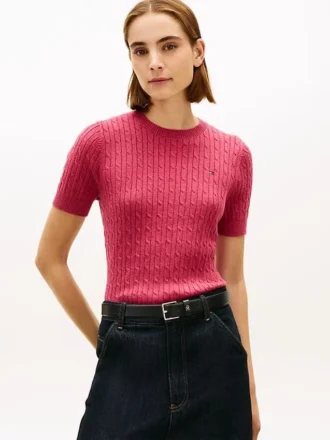 Sweter z krótkim rękawem o splocie warkoczowym