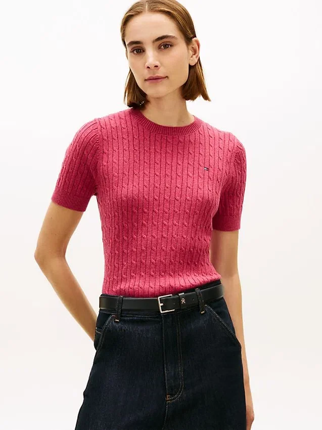 Sweter z krótkim rękawem o splocie warkoczowym Sweter z krótkim rękawem o splocie warkoczowym