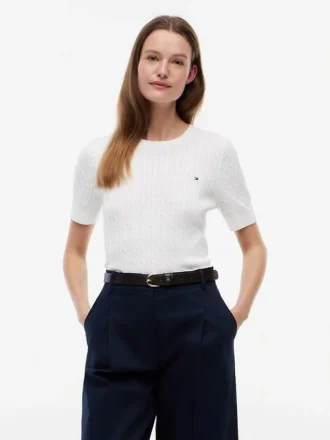 Sweter z krótkim rękawem o splocie warkoczowym