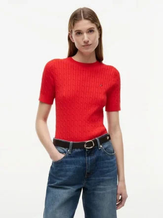 Sweter z krótkim rękawem o splocie warkoczowym