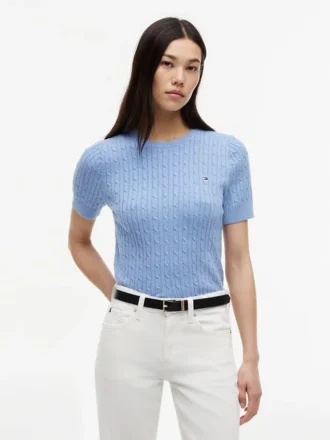 Sweter z krótkim rękawem o splocie warkoczowym