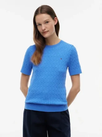 Sweter z krótkim rękawem o splocie warkoczowym