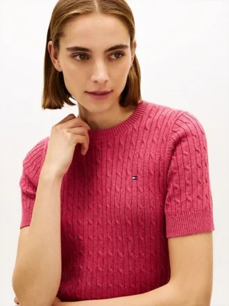 Sweter z krótkim rękawem o splocie warkoczowym