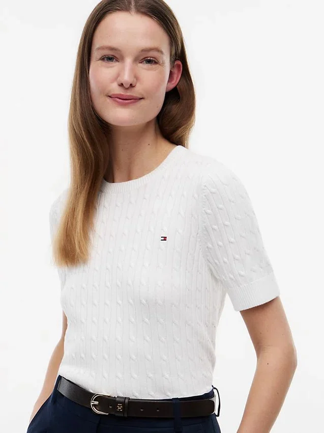 Sweter z krótkim rękawem o splocie warkoczowym Sweter z krótkim rękawem o splocie warkoczowym
