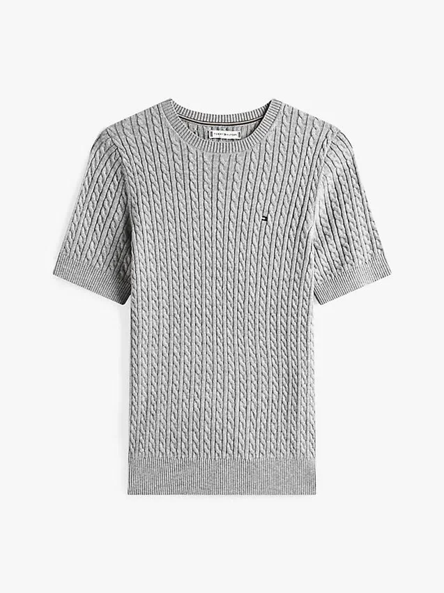 Sweter z krótkim rękawem o splocie warkoczowym Sweter z krótkim rękawem o splocie warkoczowym