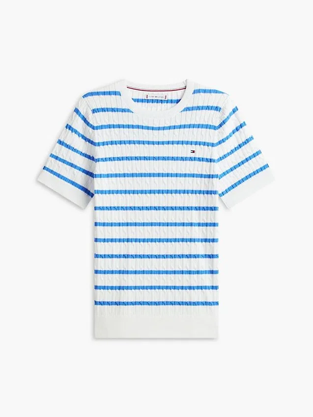 Sweter z krótkim rękawem o splocie warkoczowym Sweter z krótkim rękawem o splocie warkoczowym