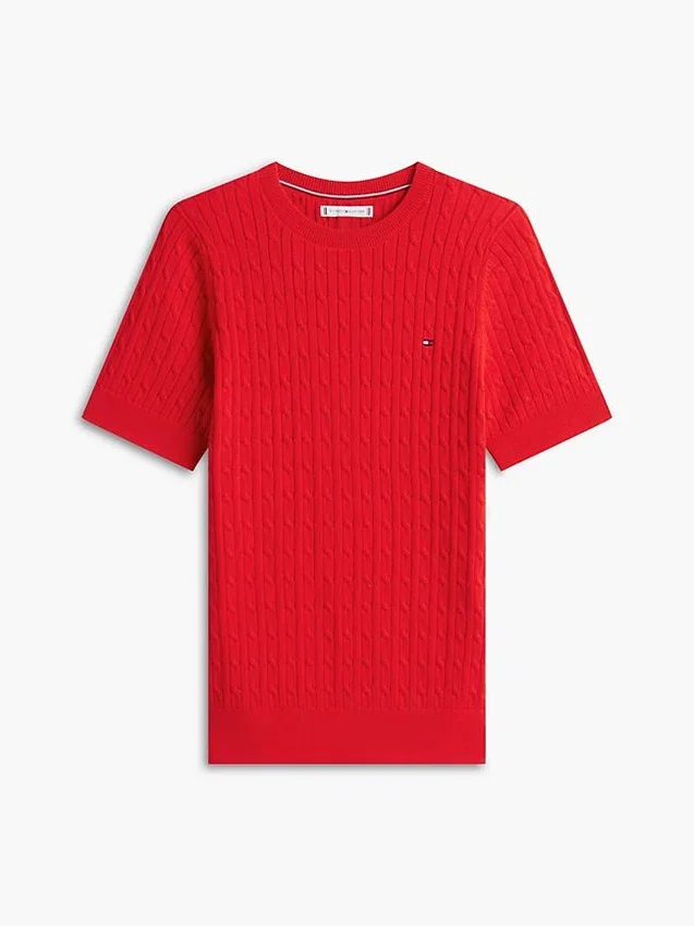 Sweter z krótkim rękawem o splocie warkoczowym Sweter z krótkim rękawem o splocie warkoczowym