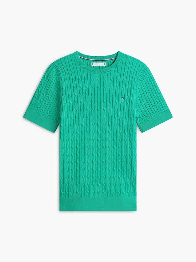 Sweter z krótkim rękawem o splocie warkoczowym Sweter z krótkim rękawem o splocie warkoczowym
