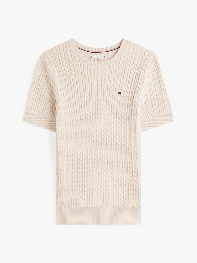 Sweter z krótkim rękawem o splocie warkoczowym Sweter z krótkim rękawem o splocie warkoczowym