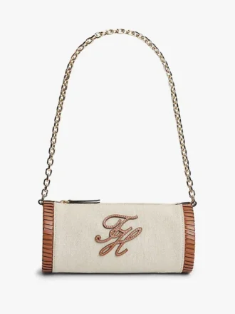 Torba z lnu z monogramem i łańcuszkowym paskiem
