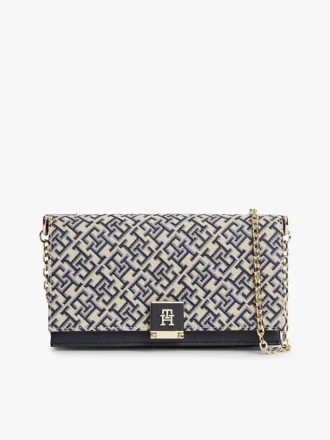 Torebka na ramię z łańcuszkiem w jacquard i zapięciem z monogramem